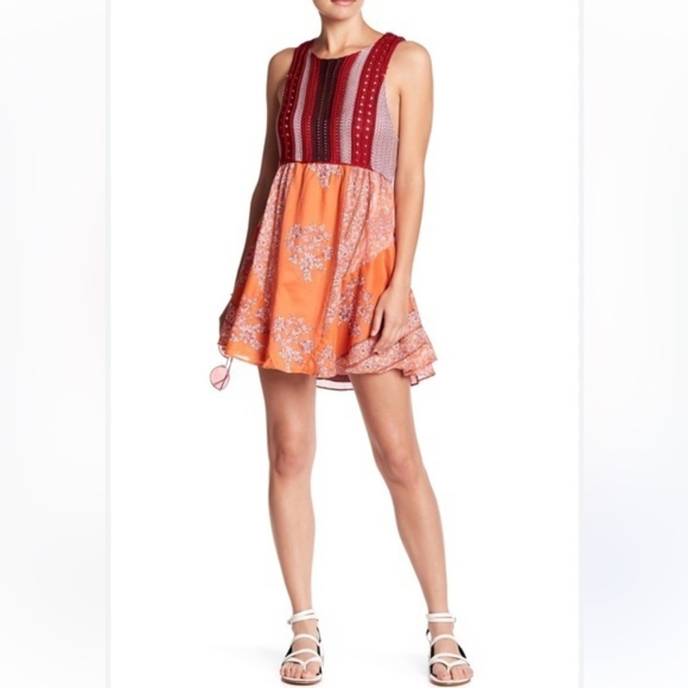 Free People Katie Crochet-Bodice Red and Orange Loral Mini Dress